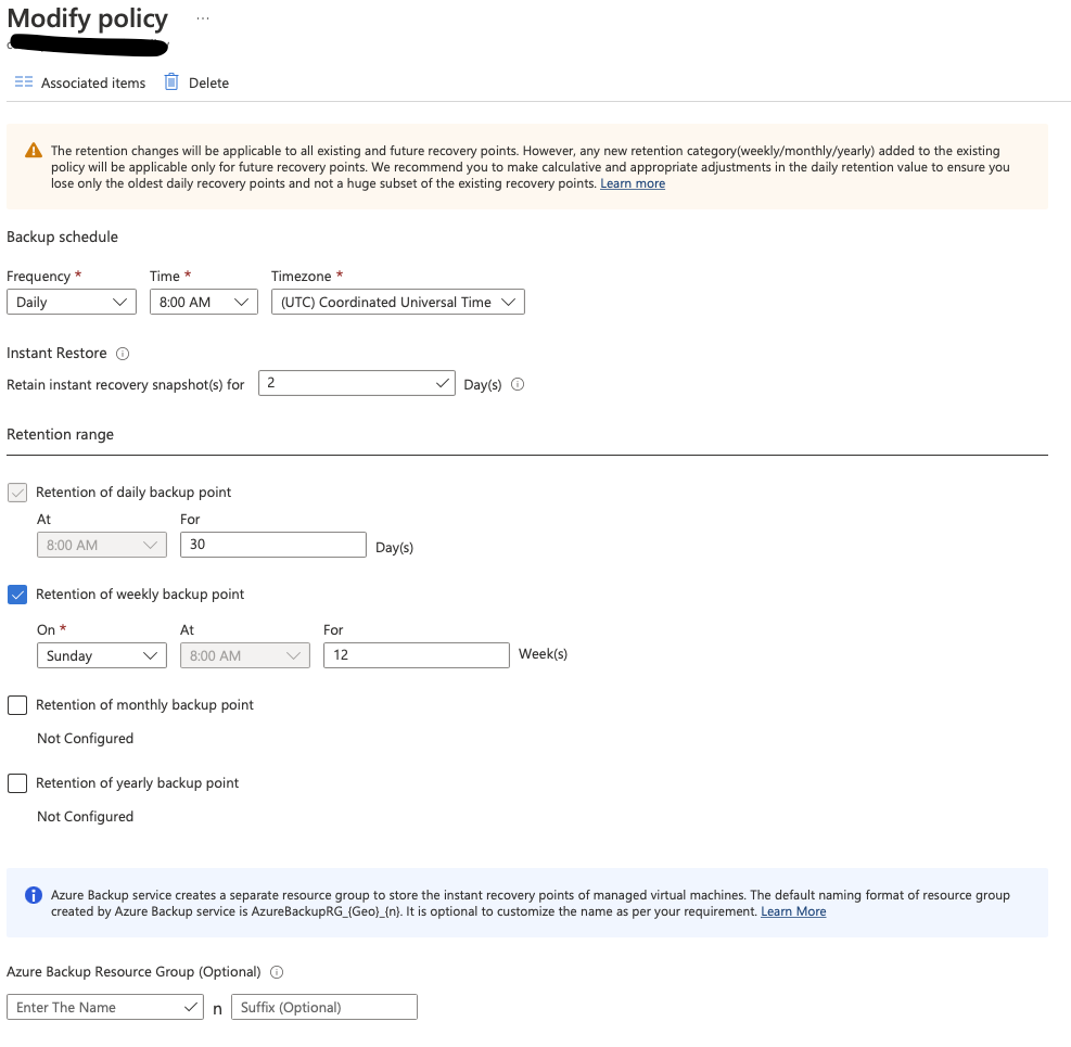 Backup Policy Screen